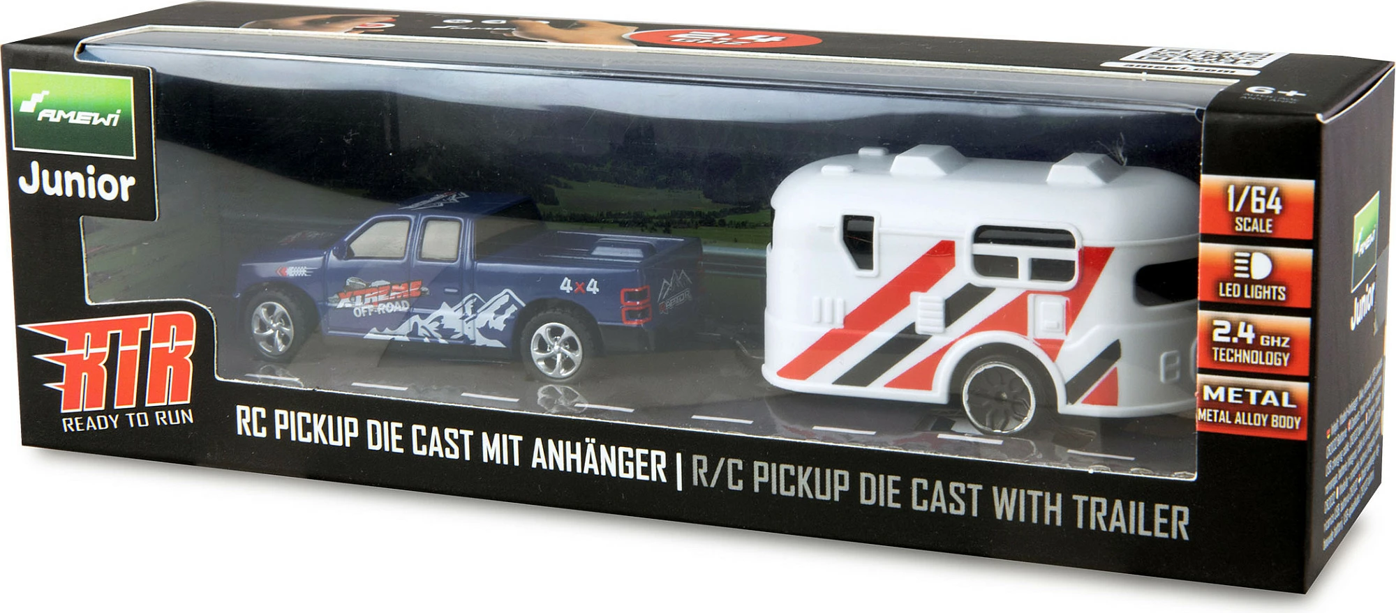 Makinë RC pickup AMEWI me karavan 1:64 RTR, blu