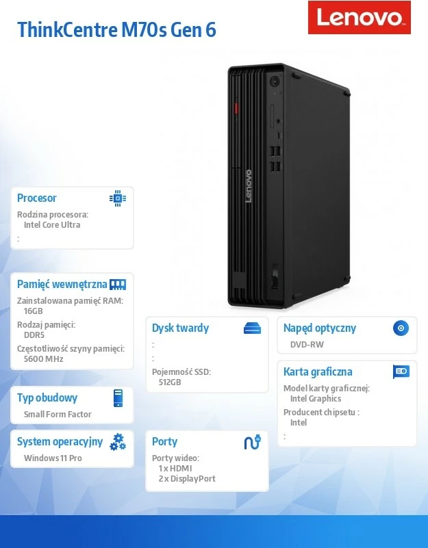 Kompjuter desktop SFF Lenovo ThinkCentre M70s Gen 6 12YK000YPB, Intel Core Ultra 5 225, 16GB RAM Memorje, 512GB SSD, Windows 11 Pro, DVD-RW, Wi‑Fi, i zi
