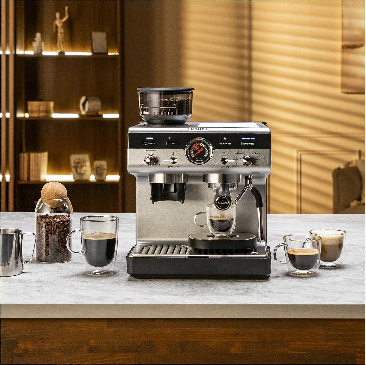 Makinë espresso Krups XP801T, me mulli të integruar, 3L, inox/e zezë