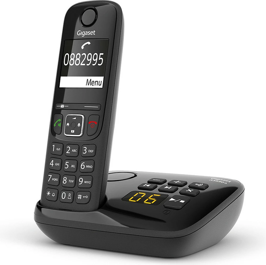 Telefon DECT pa kabllo Gigaset AS690A, sekretare digjitale 20 min, speakerphone, libër telefoni 100 kontakte, i zi