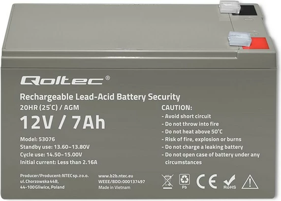 Bateri AGM Qoltec 53076, 12V, 7Ah, Gri