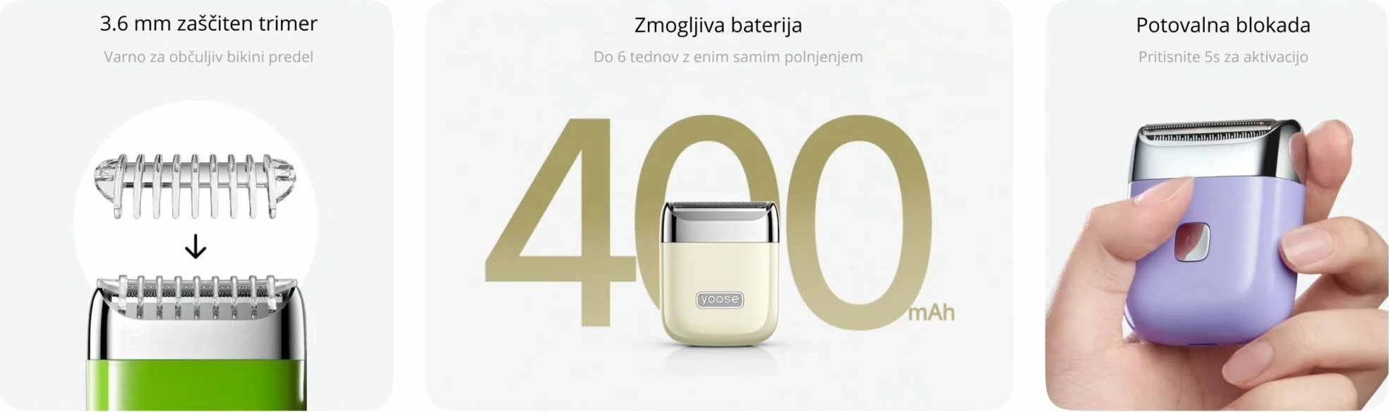 Makinë rroje Yoose NANO, elektrike për femra, IPX7, USB-C, me shtesë 3 mm, me çantë ruajtjeje + kabllo karikimi + manual, roze