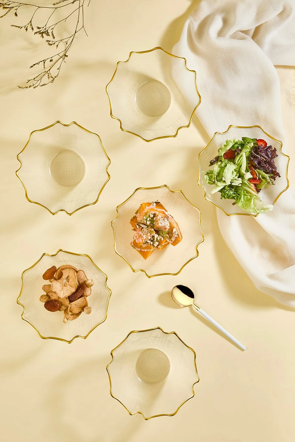 Set tasash qelqi, 6 copë, Hermia Bloom, transparent, buzë ari