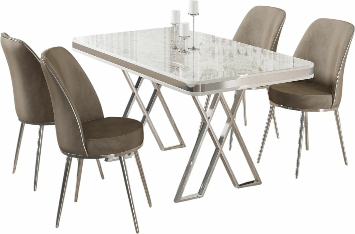 Tavolinë me karrige për ngrënie (5 copë), Skye Decor, Vals - e bardhë, krom, kapuçino