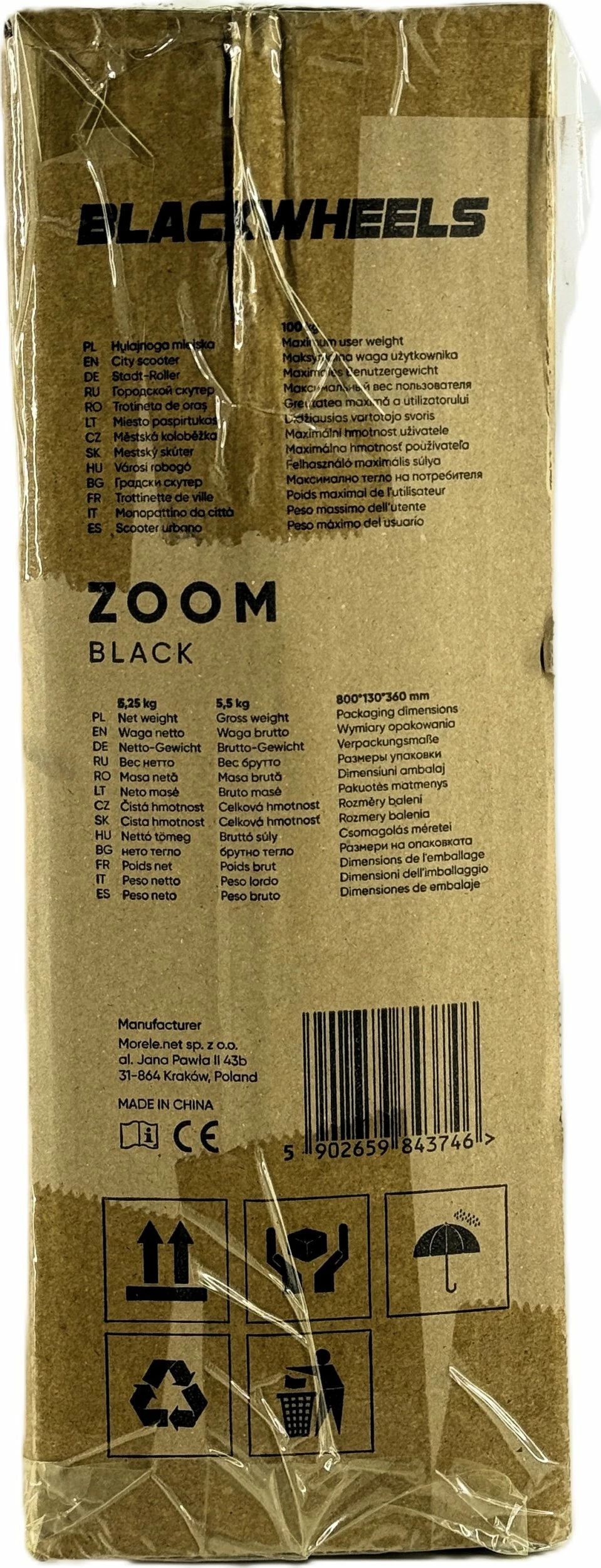 Trotinet Blackwheels Zoom, rrota 200 mm, i palosshëm, ABEC-7, timon i rregullueshëm 95-105 cm, deri 100 kg, i zi