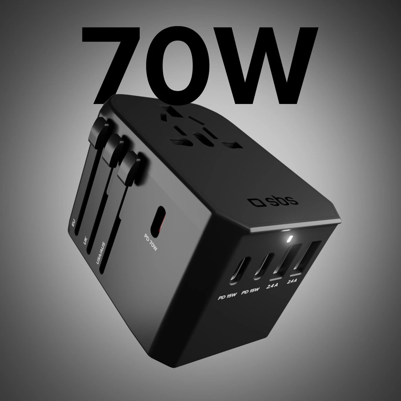 Adapter udhëtimi GaN 70W, SBS, 5 porta USB-A/USB-C, PD, prizë globale EU/UK/US/AU, me pouch, e zezë