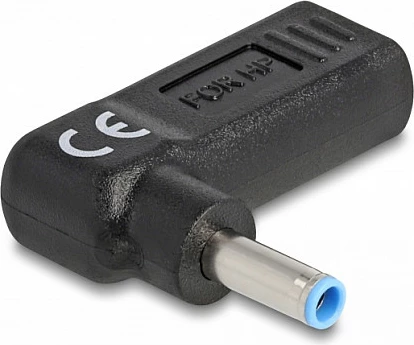Adapter karikimi laptopi DeLOCK USB-C femër në HP 4.5×3.0mm mashkull, 90°, 3A, i zi