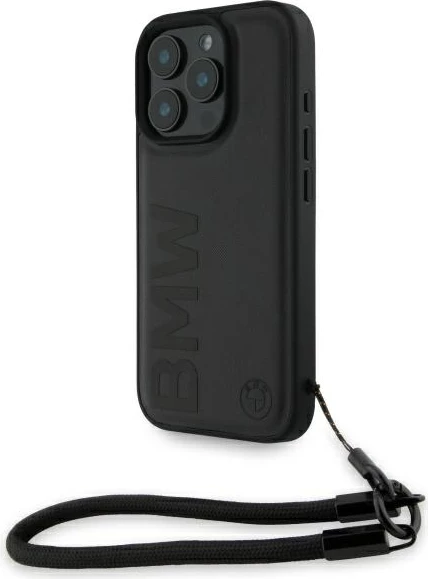 Mbështjellës BMW Signature Leather Wordmark Cord për iPhone 16 Pro Max, Lëkurë, Zi