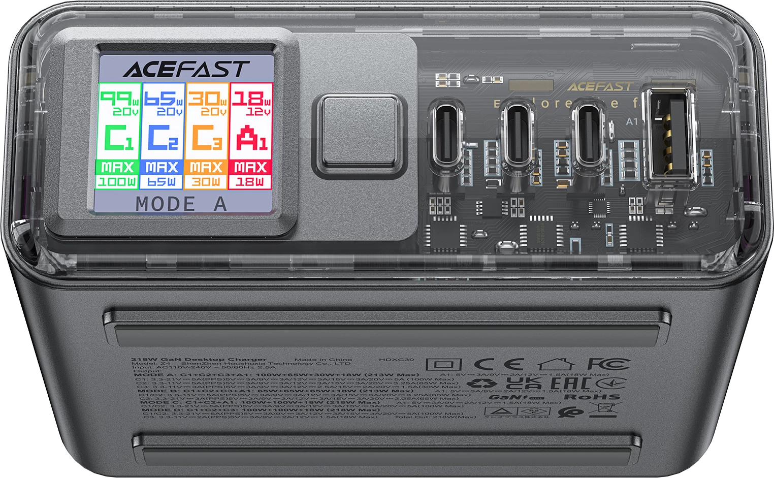 Adapter multifunksional Acefast Z4, 218W, 3x USB-C + 1x USB-A, ekran TFT, Gri