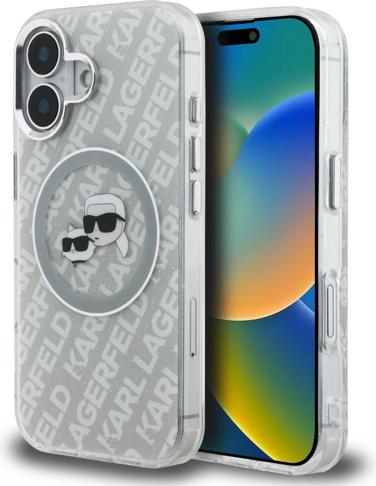 Mbështjellës MagSafe Karl Lagerfeld IML Glitter Karl & Choupette Heads Logo për iPhone 16, hardcase TPU/PC, gri, me kuti