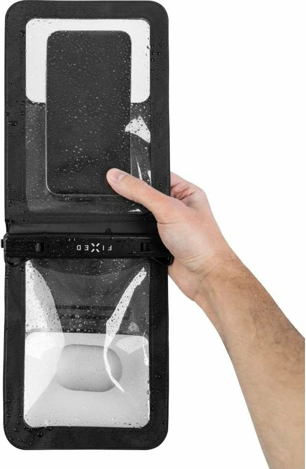Mbështjellës i papërshkueshëm nga uji FIXED Float Twin FIXFLT-TW-BK, universal deri 8.5\" (19.5 x 13.5 cm), IPX8, 2 xhepa, transparencë/zi