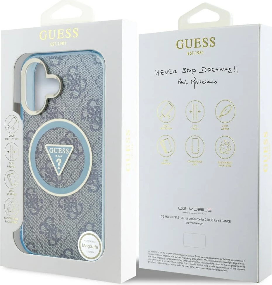 Mbështjellës Guess IML Metal Glitter 4G Circle Triangle MagSafe për iPhone 16, Kaltër