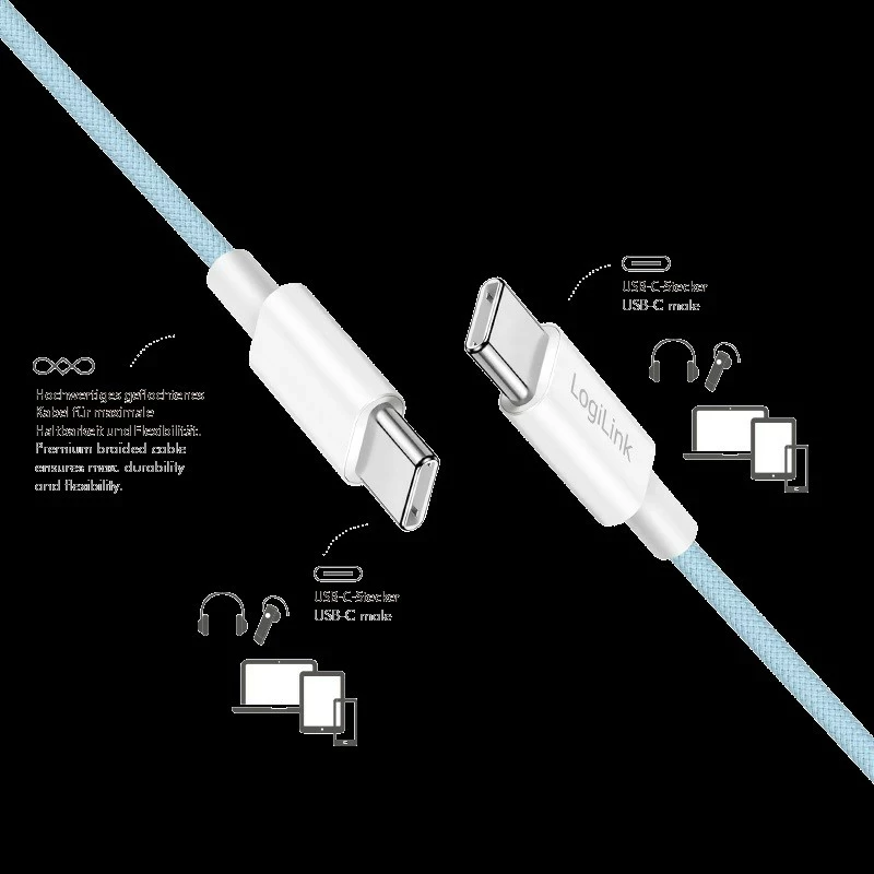 Kabëll LogiLink USB-A/USB-C 1m, najlon, kaltër