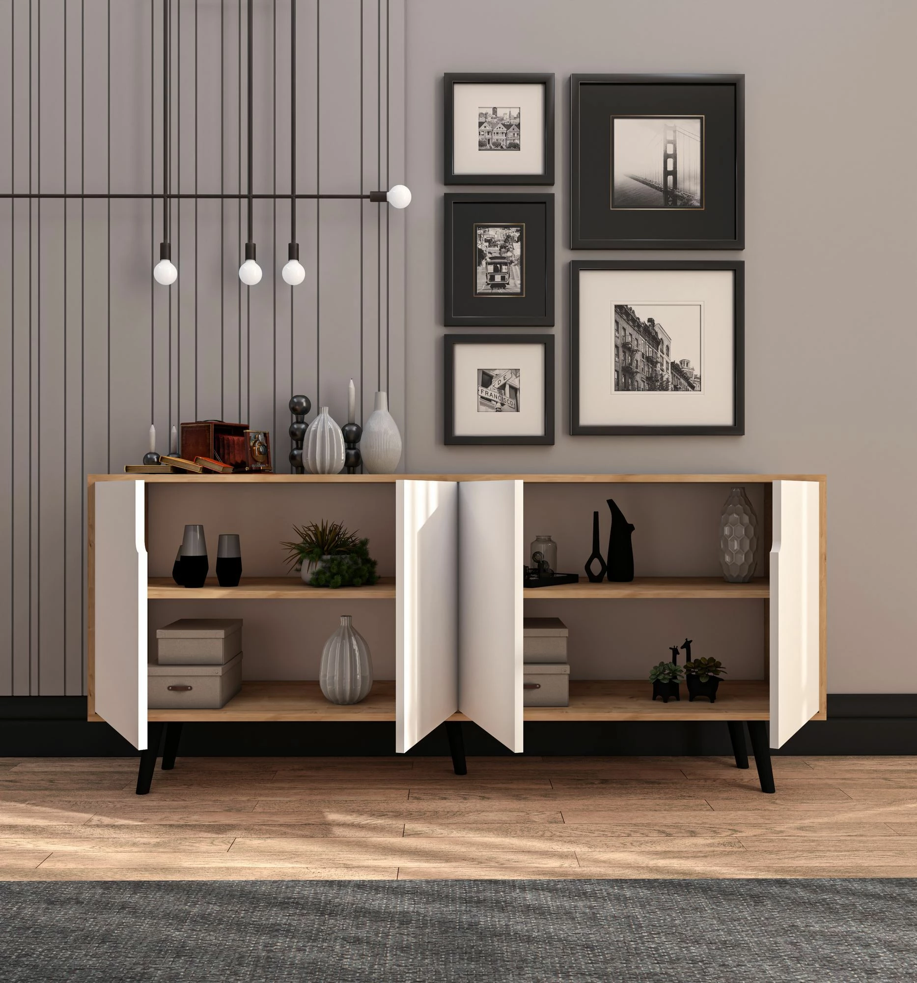 Konsol modern Skye Decor, ngjyrë lisi safir dhe e bardhë, 180 cm