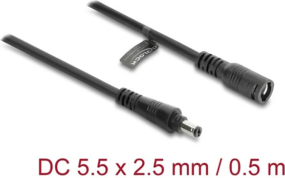 Kabllo zgjatëse DC DeLOCK 5.5 x 2.5 mm, mashkull-në-femër, me bajonetë, 0.5 m, e zezë