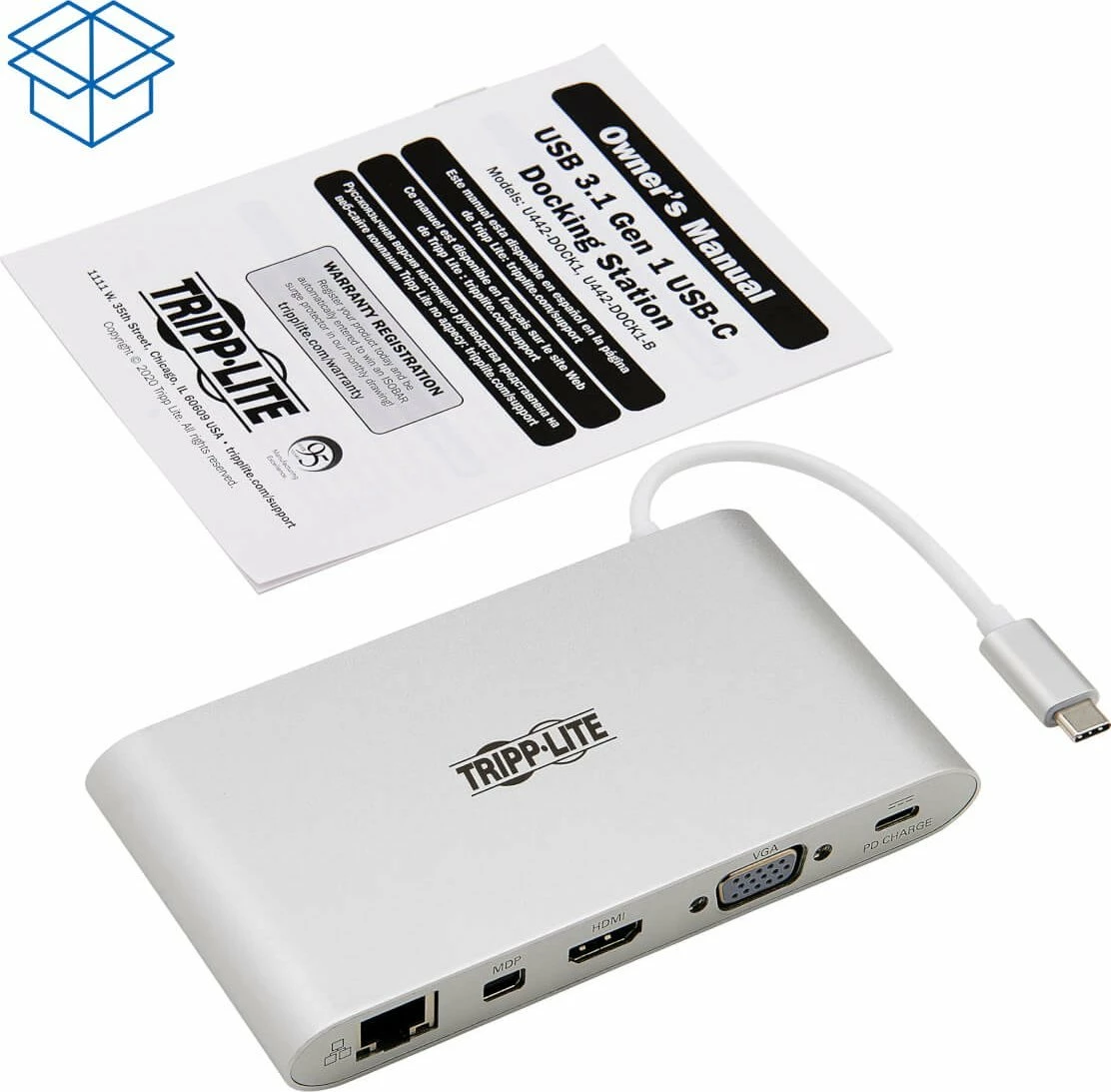 Stacion docking Eaton Tripp Lite U442-DOCK1 USB-C, 4K HDMI/mDP, VGA, 3x USB 3.0, GbE, SD/microSD, PD 100W, argjend