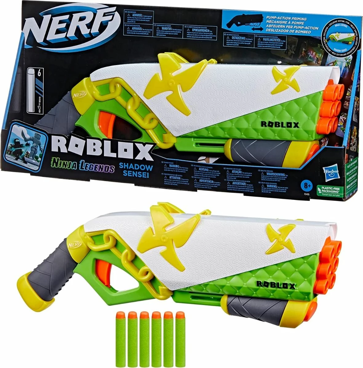 Blaster Nerf Roblox Ninja Legends Shadow Sensei, pompë, 6 shigjeta, set me 6 shigjeta shkumë, jeshile/bardhë