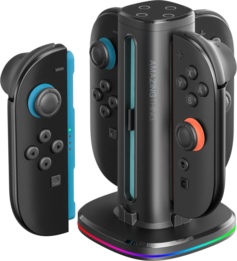 Karikues/dok për kontrollera Nintendo Switch 2 Joy-Con, AmazingThing Thunder Pro PlayDock, deri 4 kontrollera, LED/RGB, me kabllo USB-C, e zezë
