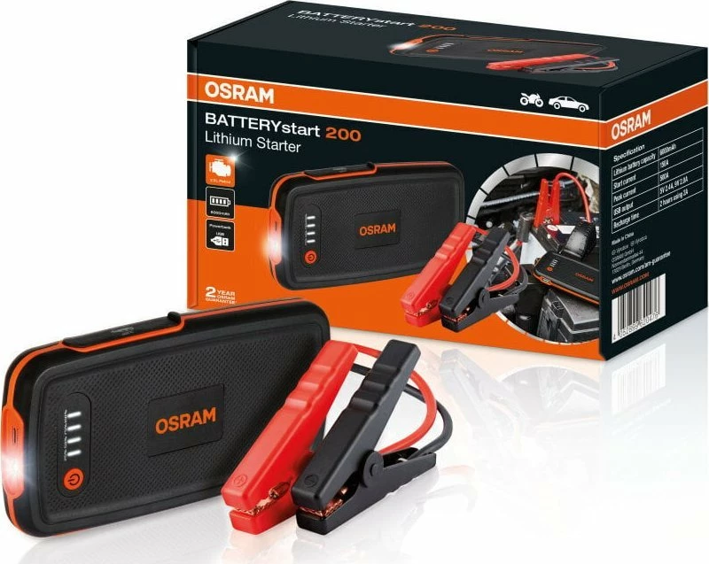 Starter portativ Osram OBSL200, 6000mAh, 12V, 150-500A, USB 2.1A, e zezë/portokalli