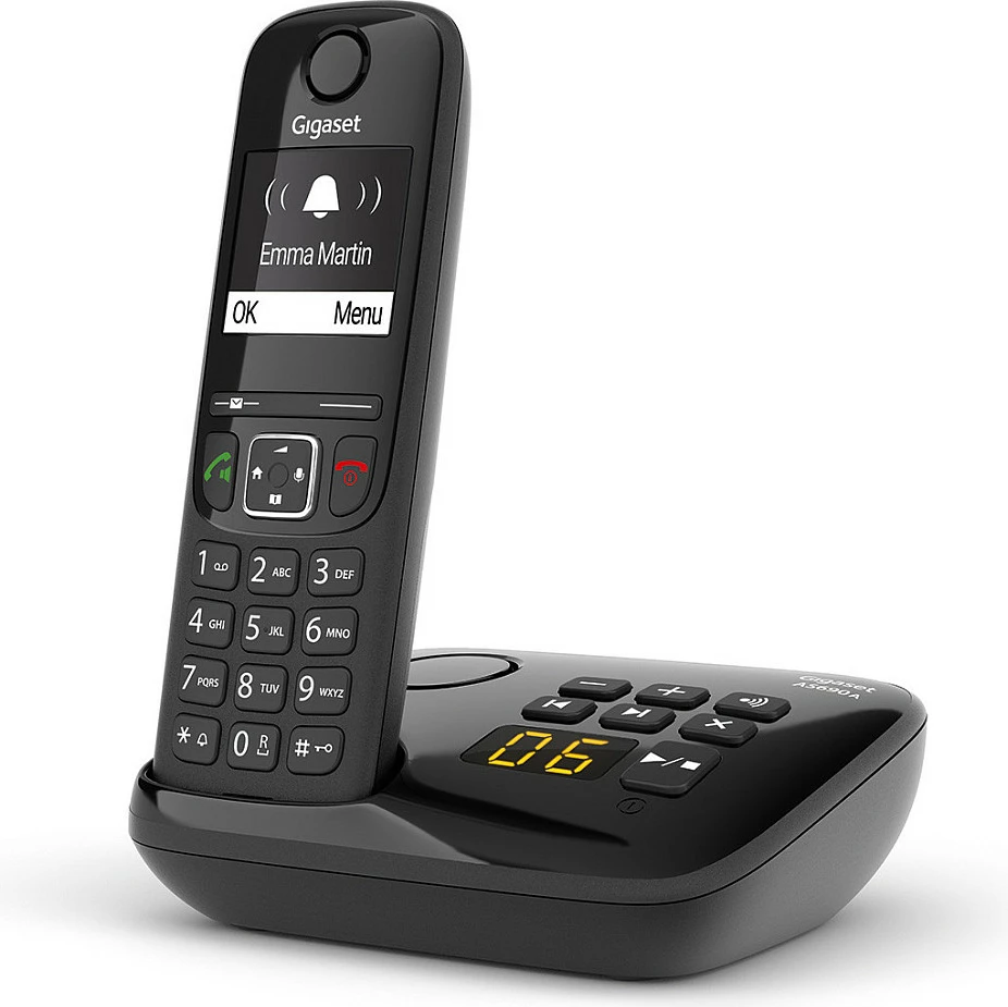Telefon DECT pa kabllo Gigaset AS690A, sekretare digjitale 20 min, speakerphone, libër telefoni 100 kontakte, i zi