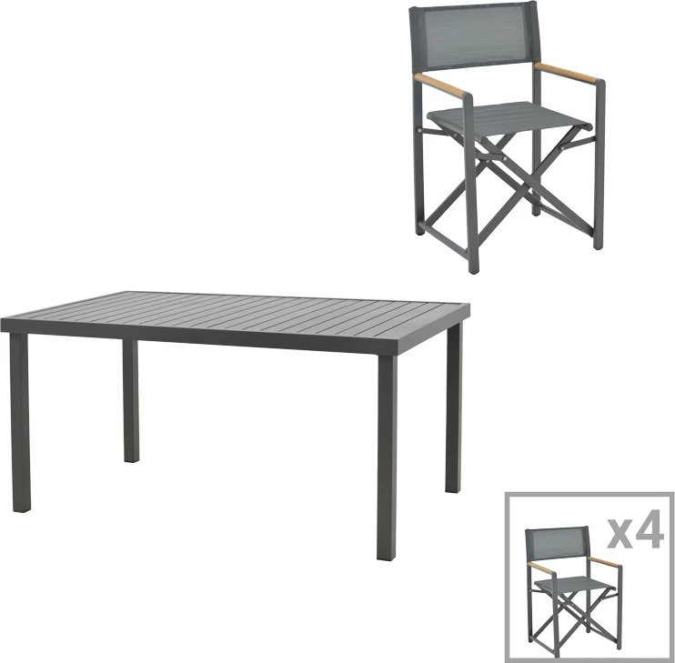 Set tavoline me karrige për terasë Mabu-Klinton, alumin dhe pëlhurë, ngjyrë antracit, 150x80x74cm, 5 copë