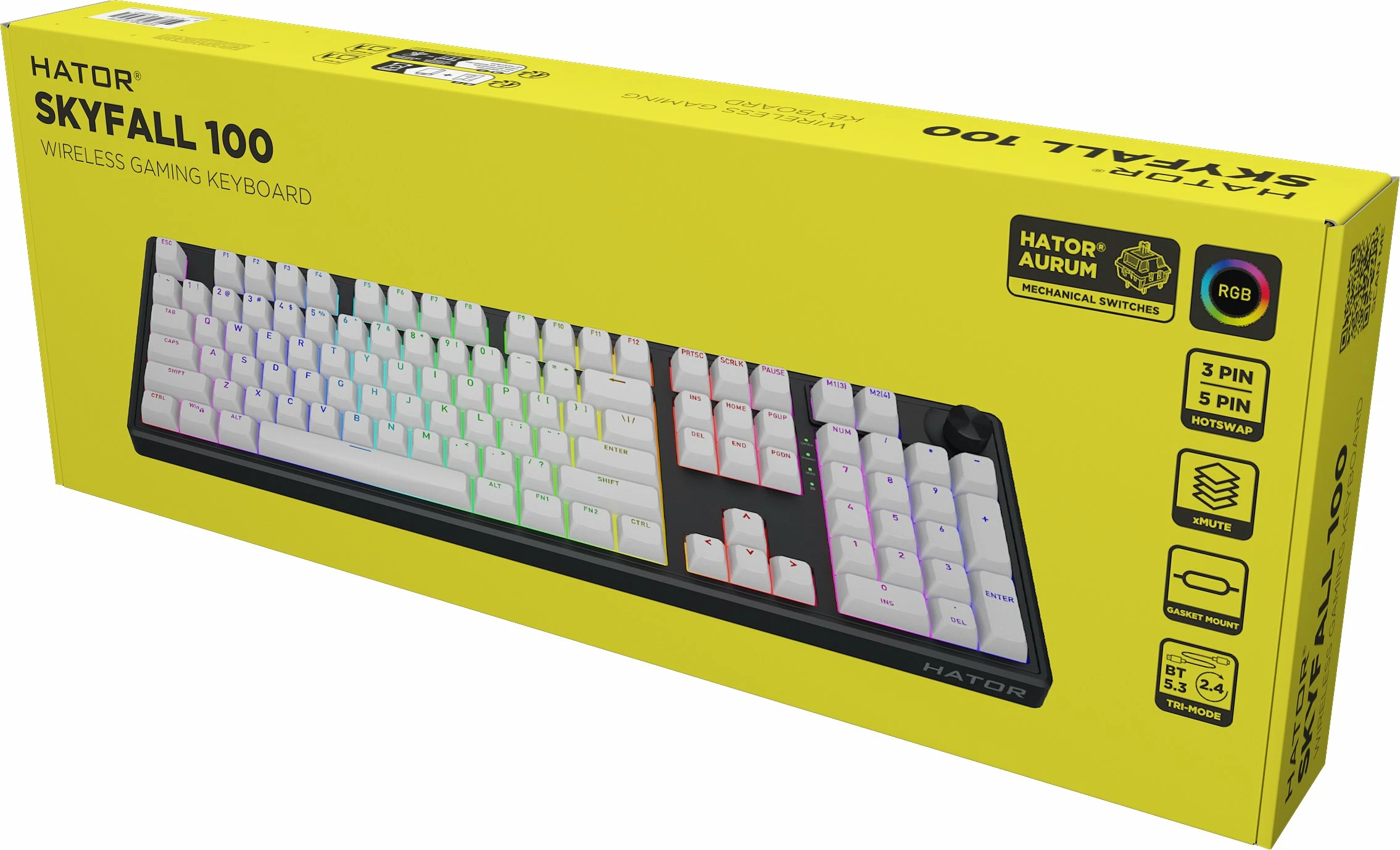 Tastierë mekanike wireless Hator Skyfall 100 HTK3100, Aurum Lemon Linear, RGB, US layout, 100%, e bardhë