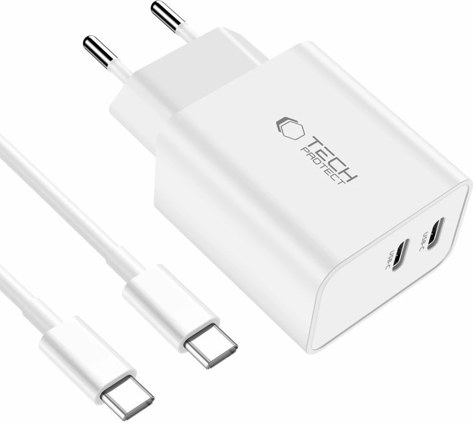 Karikues rrjeti Tech-Protect C35W me 2x USB-C PD 35W dhe kabllo USB-C/USB-C, Bardhë set