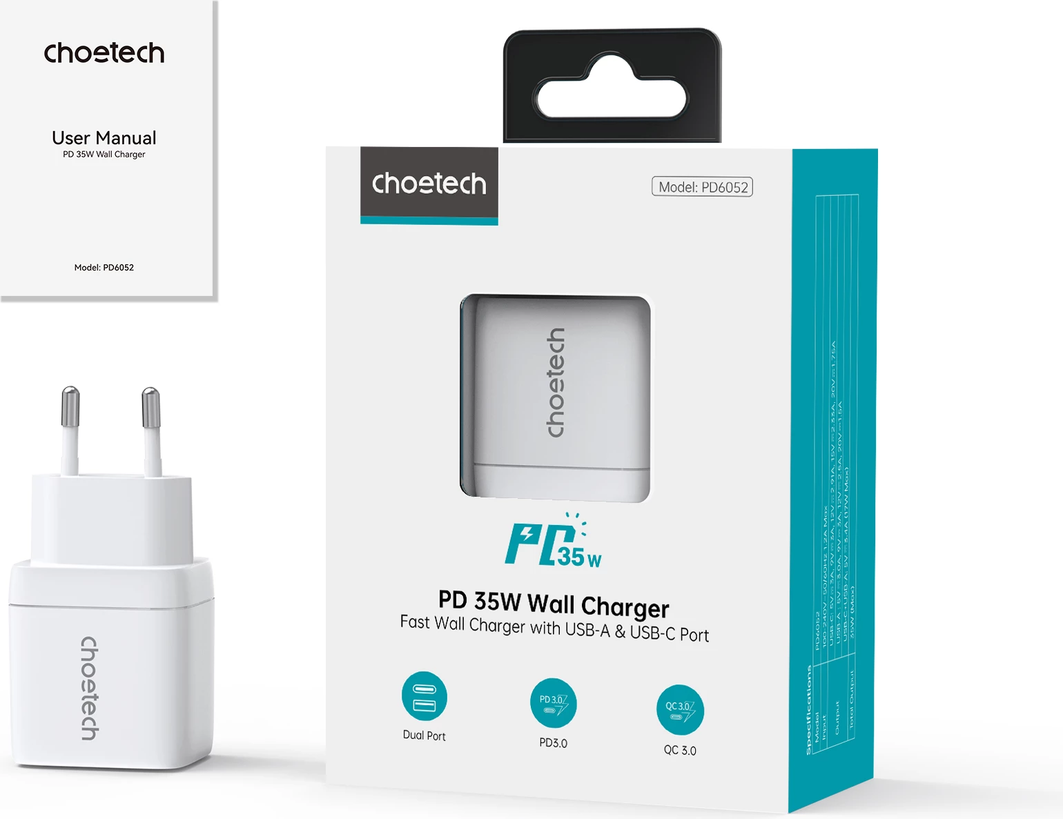 Karikues muri Choetech PD6052, 35W, USB-C & USB-A, me ekran, i bardhë