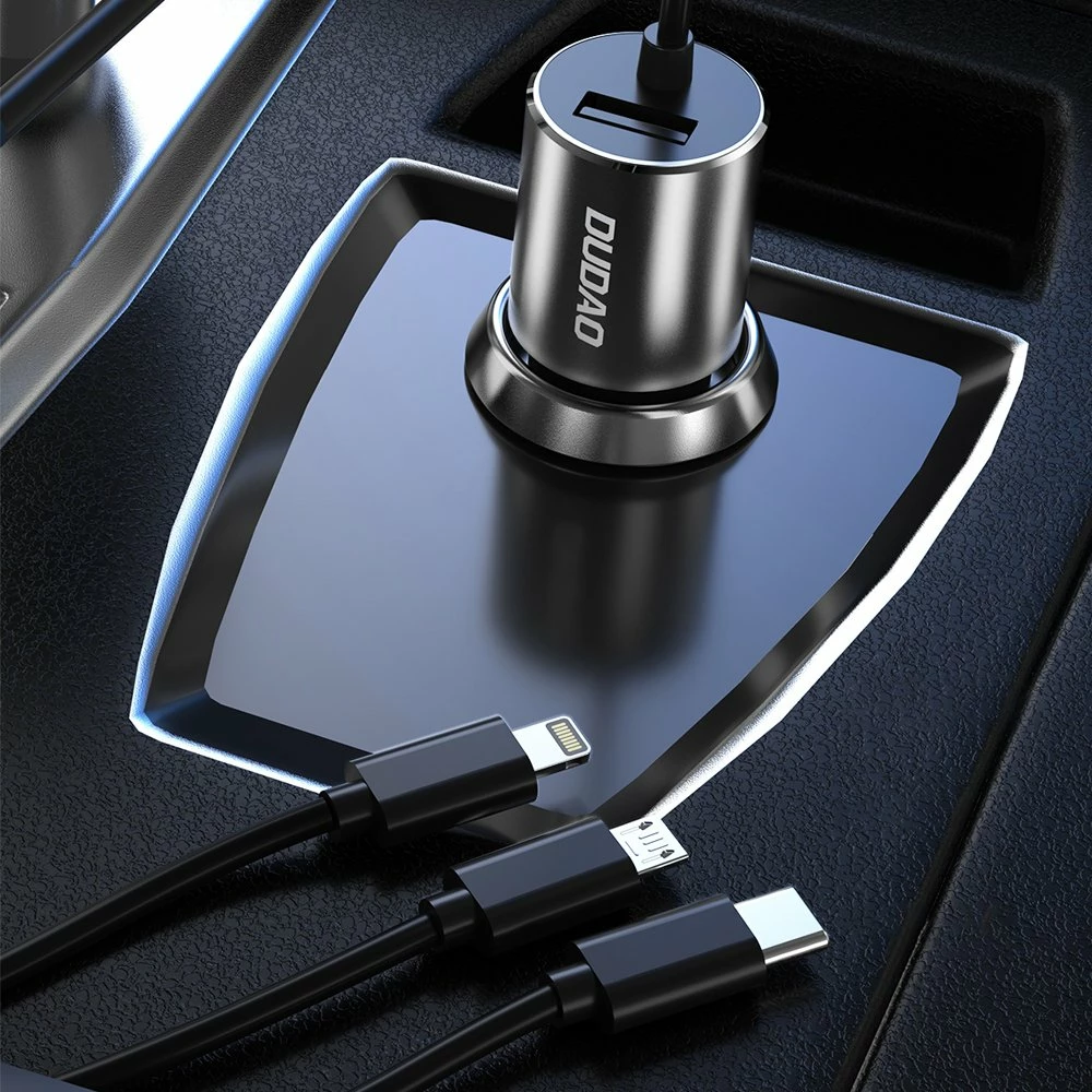 Karikues për veturë, Dudao, R5ProN, 3.4 A, USB-A 1 port, kabëll i integruar 3‑në‑1 Lightning/USB Type-C/Micro USB 1 m, e zezë