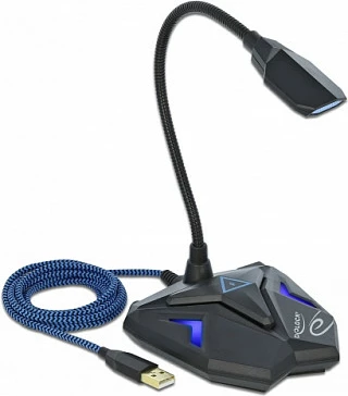 Mikrofon gaming desktop DeLOCK USB, gooseneck, mute, LED, 3.5 mm, zi/kaltër
