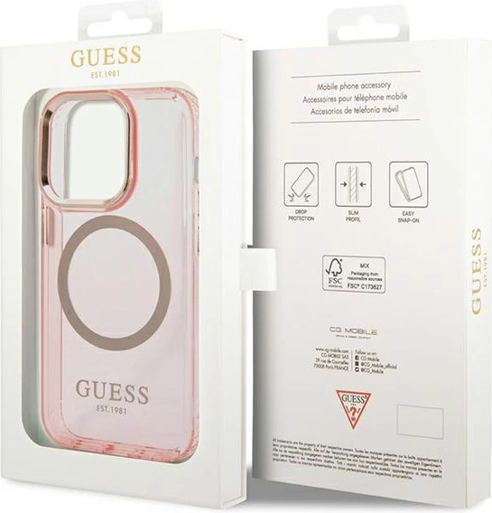 Mbështjellës Guess Gold Outline MagSafe për iPhone 14 Pro Max 6.7", rozë