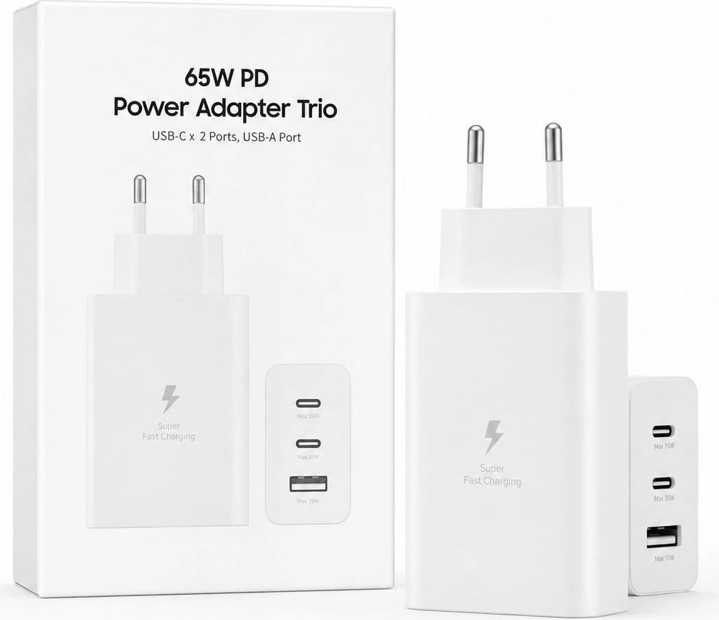 Karikues 65W PD Trio 2x USB-C + USB-A, EU Plug - i bardhë