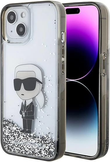 Mbështjellës Karl Lagerfeld KLHCP15SLKKNSK për iPhone 15 6.1", transparent, Liquid Glitter Ikonik