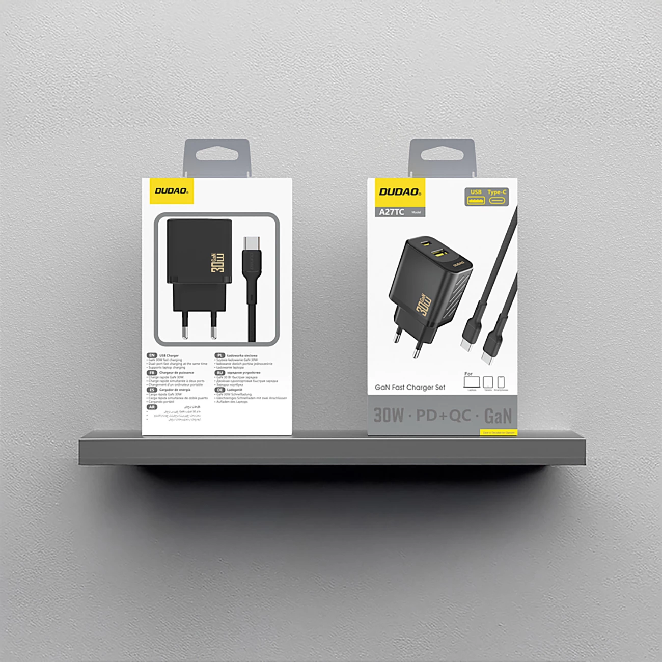 Karikues muri Dudao A27TCEU GaN PD 30W, 2 porta USB-A/USB-C, prizë EU, i zi, me kabllo USB-C 1m