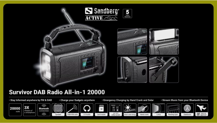 Radio survival SANDBERG Survivor DAB Radio All-in-1 20000, 20000mAh, DAB+/FM, Bluetooth, USB-C/USB-A, solar + dinamo, IP53, e zezë