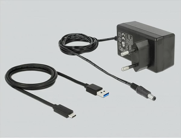 USB hub DeLOCK 4-port, USB-C në hyrje, USB 3.2 Gen 2 10Gbps, me adapter AC, i zi