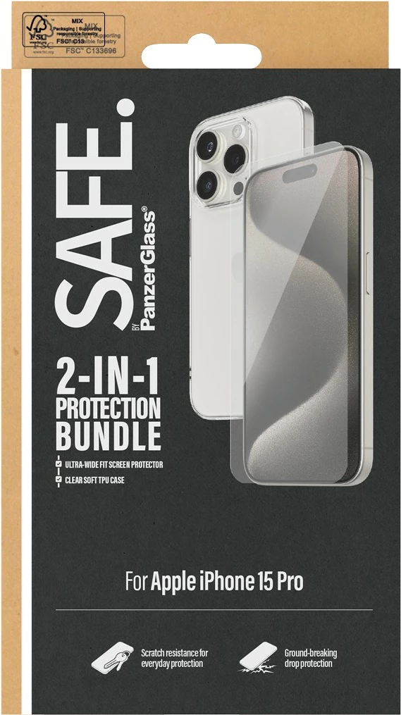 Mbështjellës PanzerGlass SAFE. 2-in-1-Pack për iPhone 15 Pro, transparent