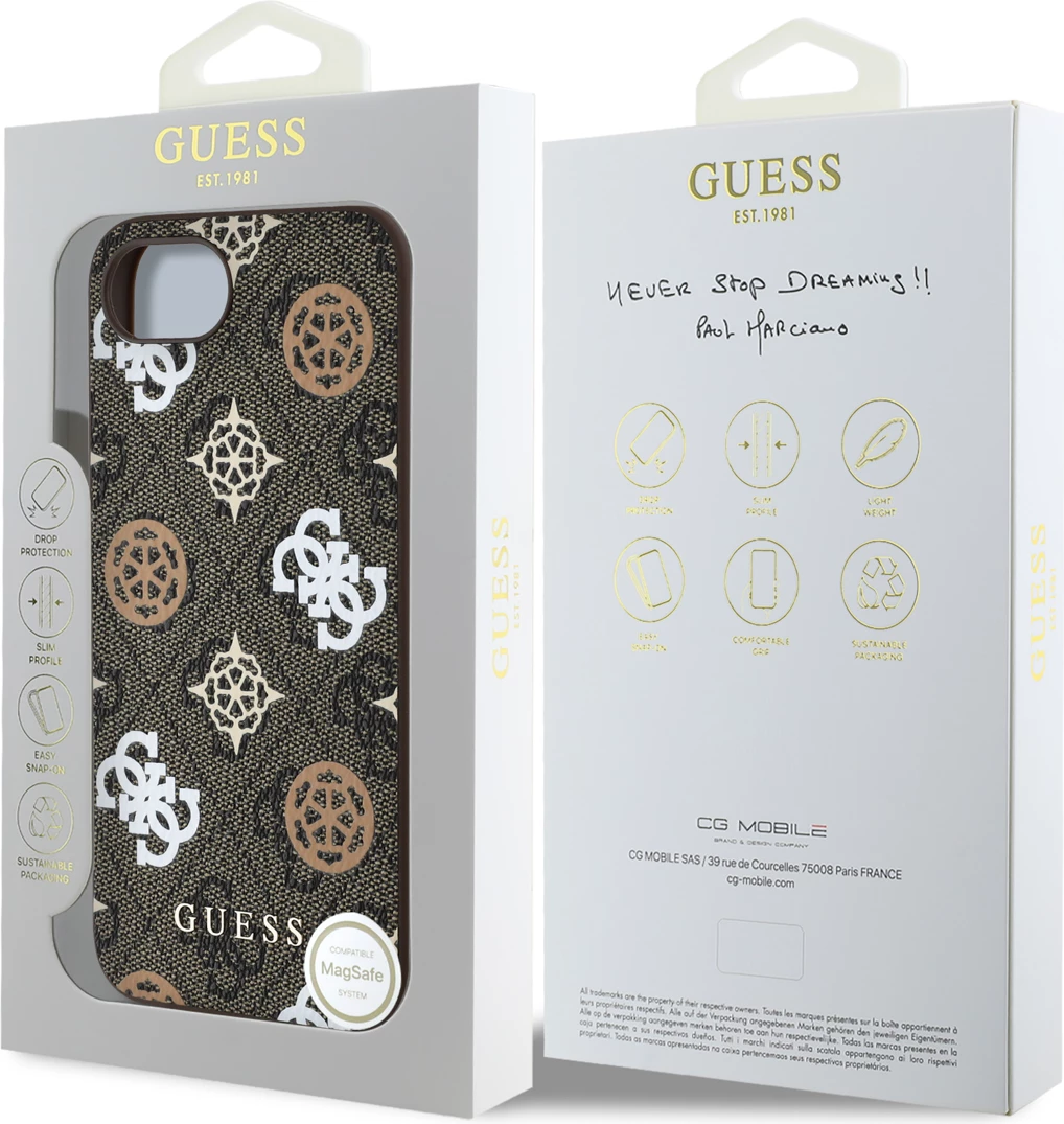 Mbështjellës Guess PU 4G Peony me MagSafe për iPhone 16e, Kafe