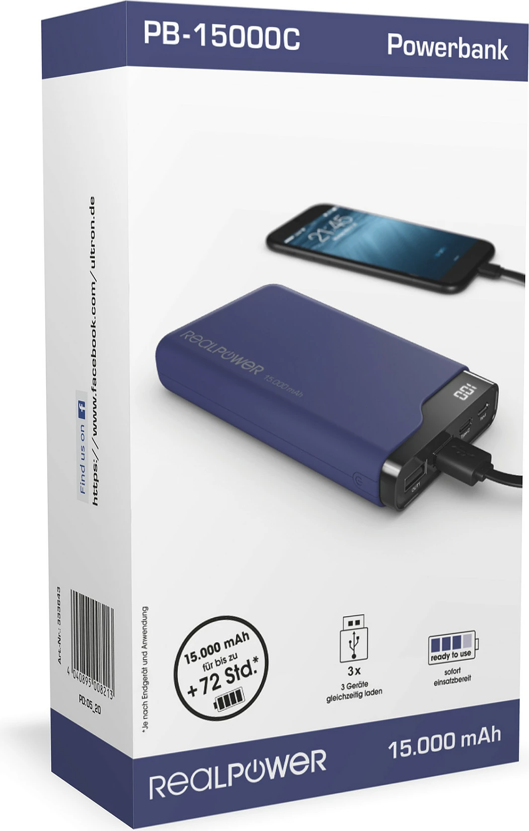 Powerbank RealPower PB-15000C, 15000 mAh, me display, USB-C, blu navy/zi