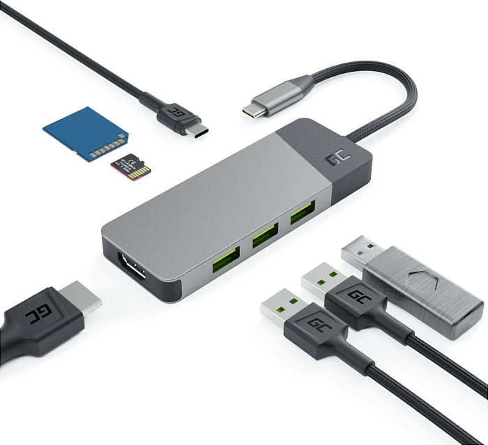 USB-C hub Green Cell, 7-në-1, HDMI 4K 60Hz, USB 3.2, SD/microSD, PD 85W, argjend