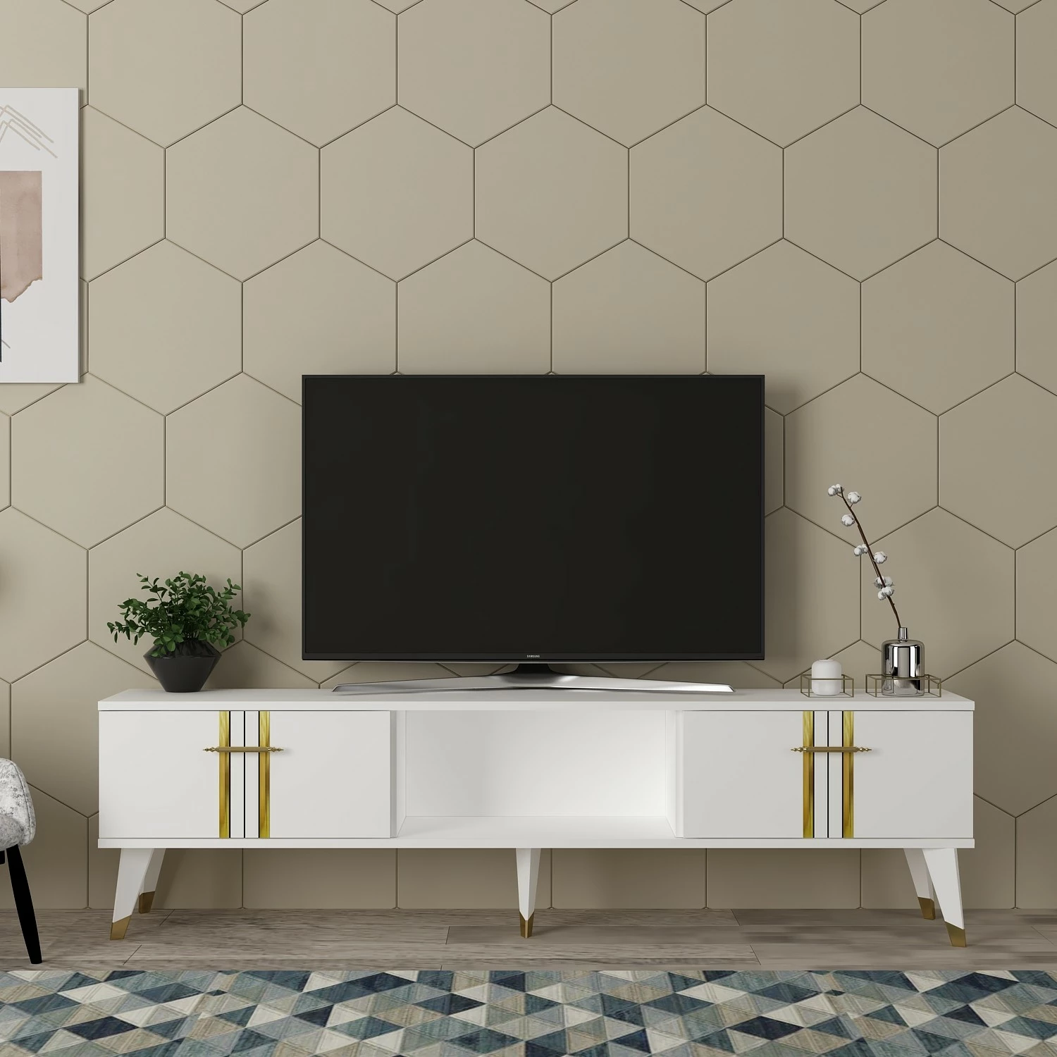 Komodë TV Hanah Home, Asel, e bardhë, ari