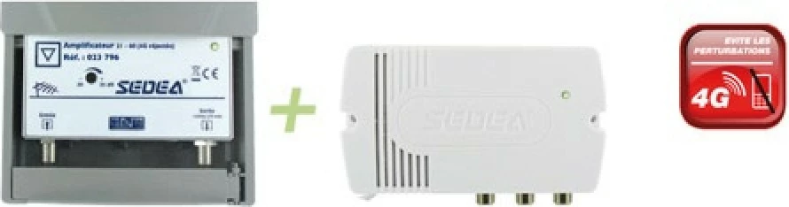 Përforcus antene 20-35dB për UHF kanalet 21-69 nga firma SEDEA me 1 hyrje dhe 2 dalje 