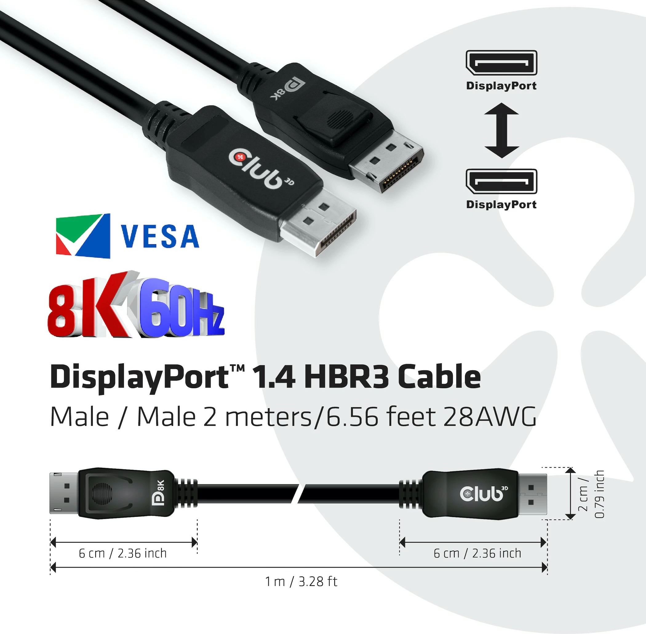 Kabllo DisplayPort Club3D 1.4 HBR3 2m 8K60Hz, e zezë