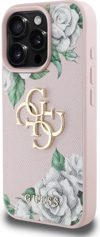 Mbështjellës Guess Grained Roses Big 4G logo për iPhone 16 Pro Max, Rozë