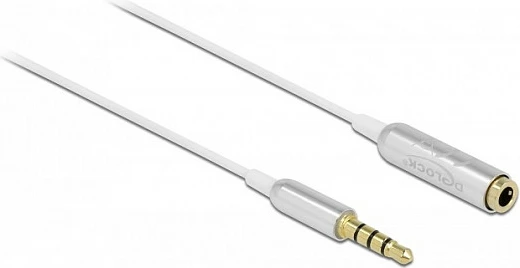 Kabllo zgjatuese audio DeLOCK 3.5mm 4-pin (CTIA) mashkull-në-femër, 0.5 m, ultra slim, e bardhë/argjendtë