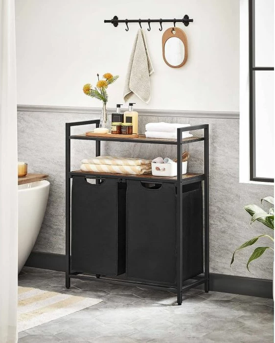 Kosh rrobash VASAGLE BLH211B01, 2 ndarje (2 shporta 2x46 L), me 2 rafte, 73x33x91 cm, kafe rustike/zi