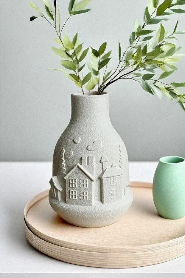 Vazo dekorative Evila Originals, motiv 'Winter Village', e bardhë, 20cm