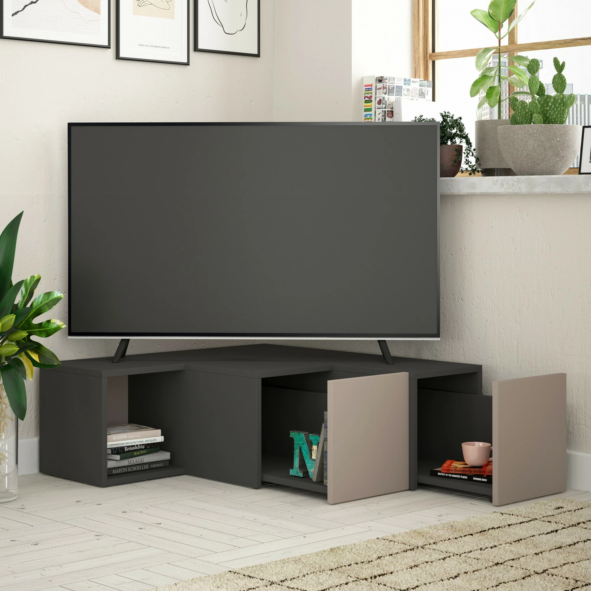 Komodë TV Skye Decor, kompakte, antracit dhe kafe e çelët