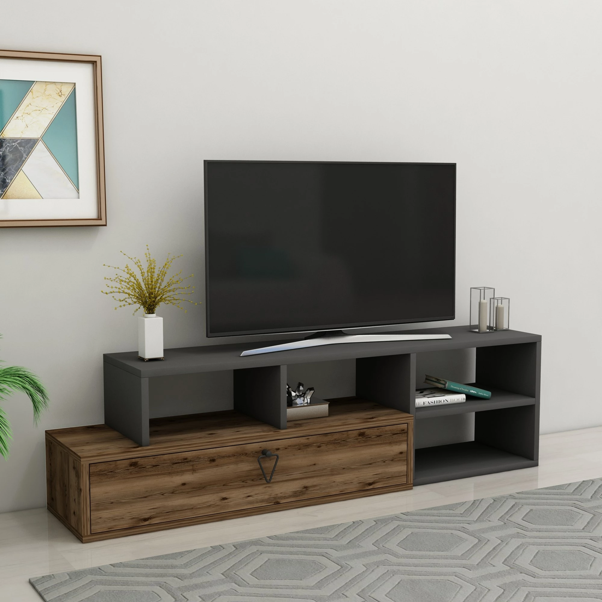 Komodë TV Hanah Home, Duru, ngjyrë arrë e çelët dhe antracit