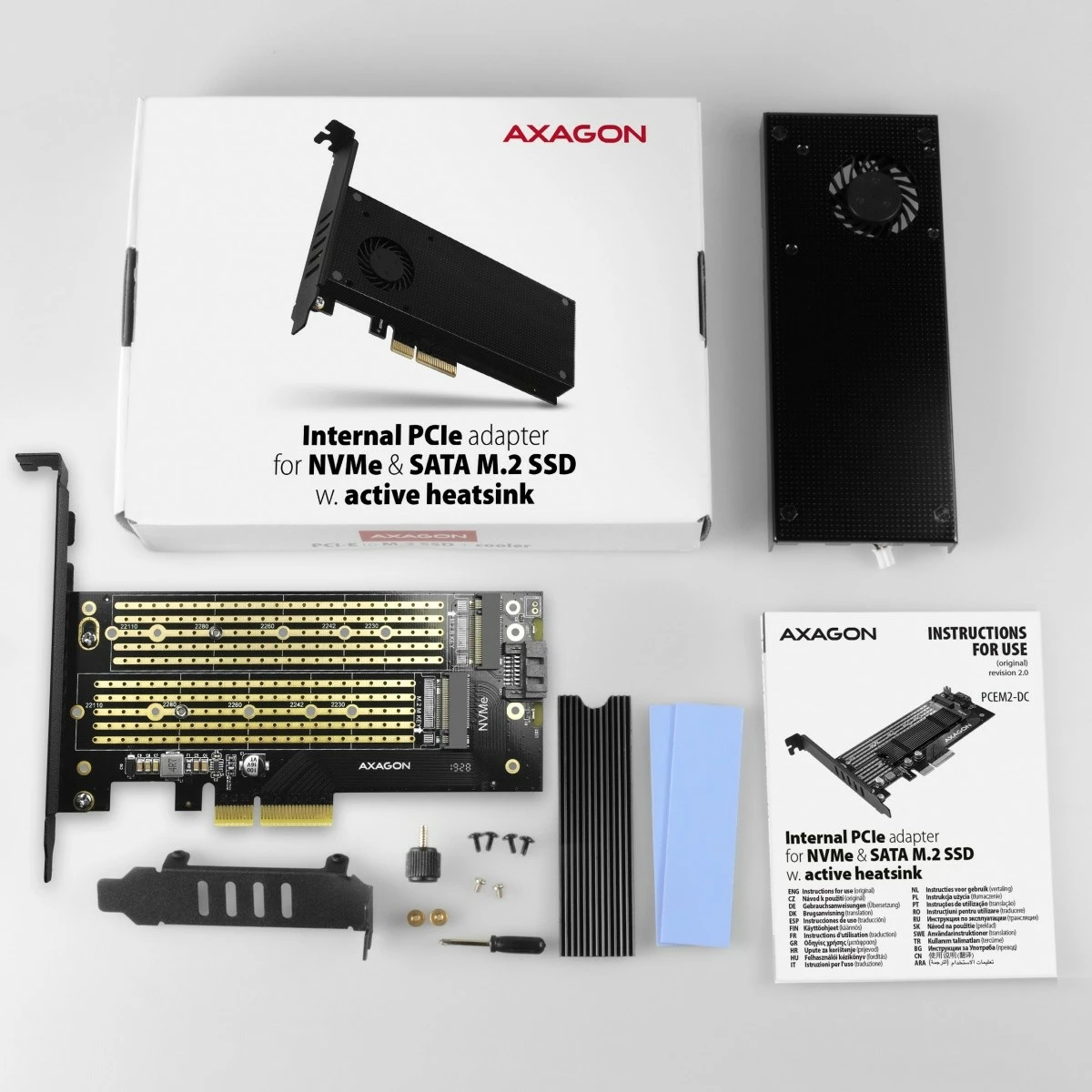 Adapter PCIe AXAGON PCEM2-DC, 1x M.2 NVMe M-key + 1x SATA B-key, me ftohës, i zi